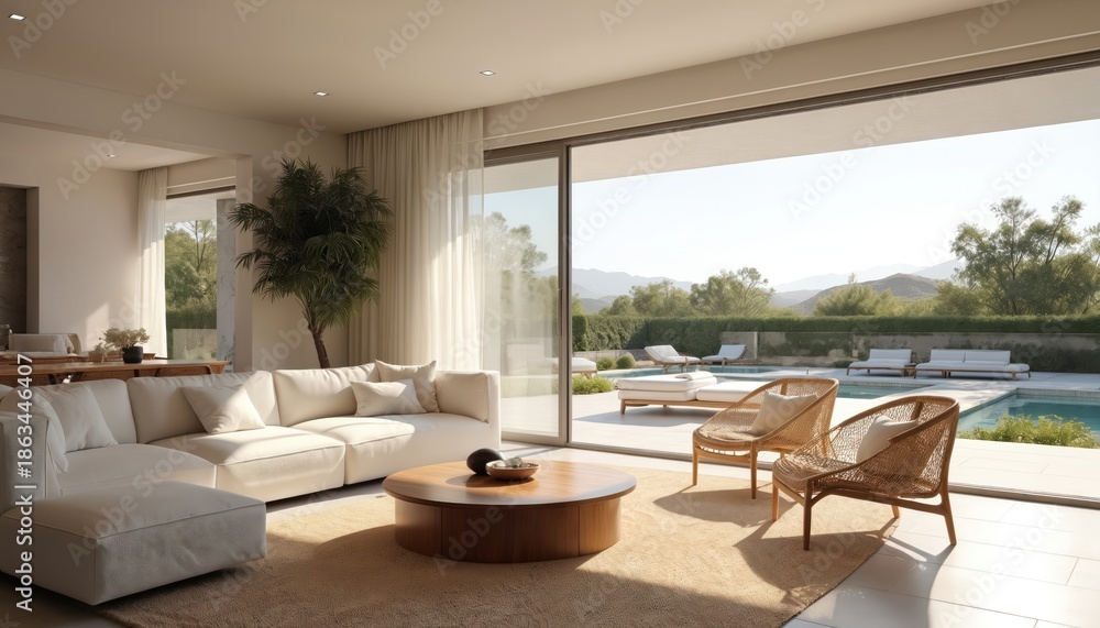 Fototapeta premium Spacious modern villa living room with white sectional sofa and woven chairs opens to sunny pool terrace and green hills. Bright natural light fills elegant home interior with minimalist decor.
