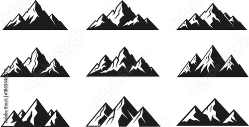 Collection of black mountain peak silhouettes and rocky range icons isolated on white background for outdoor adventure travel designs