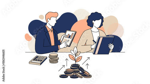 Business professionals analyzing financial data and planning investments together.