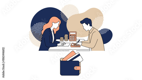 Business professionals discussing financial matters at a table with documents and calculator.