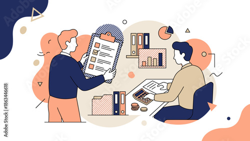 Business professionals collaborating on project tasks and financial reports in office.