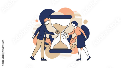 Business Team Working Together to Manage Time Effectively with Hourglass.