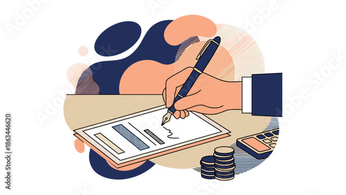 Closeup of a hand signing a contract on paper with pen.