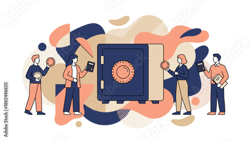 Illustration of a secure safe surrounded by people financial security concept.