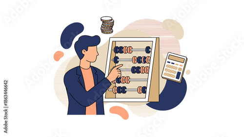 Man Using Abacus for Calculation with Calculator Beside.