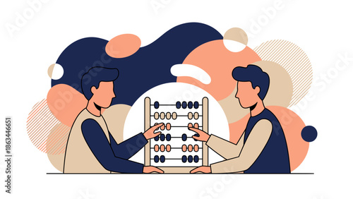 Two Men Calculating Numbers Using an Abacus in Education.