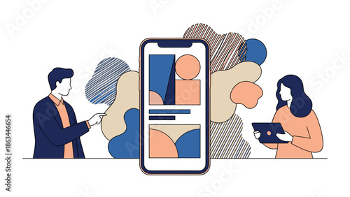 Smartphone Application Interface Design with People and Abstract Elements.