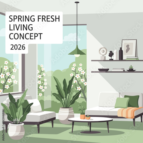 Spring Fresh Living Room Concept - Modern Interior Design with Nature View