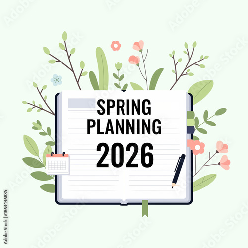 Spring Planning 2026 - Open Notebook with Calendar, Pen and Floral Decorations