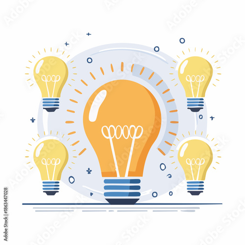 Illustration of a large central light bulb with four smaller bulbs around it, surrounded by a circle with lines and dots on a white background with a creative and innovative mood.
