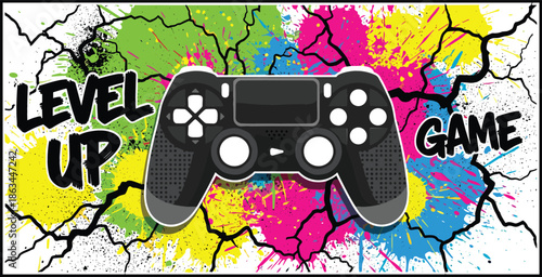 Vibrant gaming illustration featuring a modern game controller with colorful paint splatters and Level Up Game text design