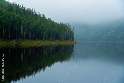 The Zeya reservoir. The Zeysky Nature Reserve. The general plan. A picturesque lake among the green taiga.