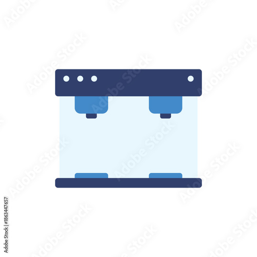 This is a modern illustration of a sleek glass aquarium with blue accents and a dark background. The image features a minimalist design with clean lines and a simple color palette, making it perfect f
