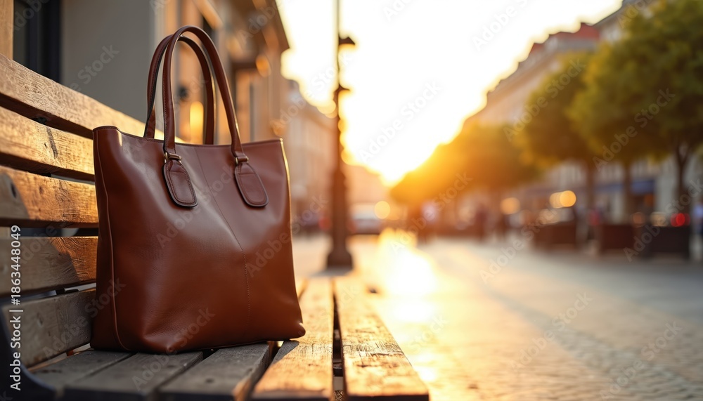 Stylish brown leather tote bag rests on wooden bench. Warm sunset light illuminates city street with blurred people and buildings. Fashion accessory for urban settings or travel.