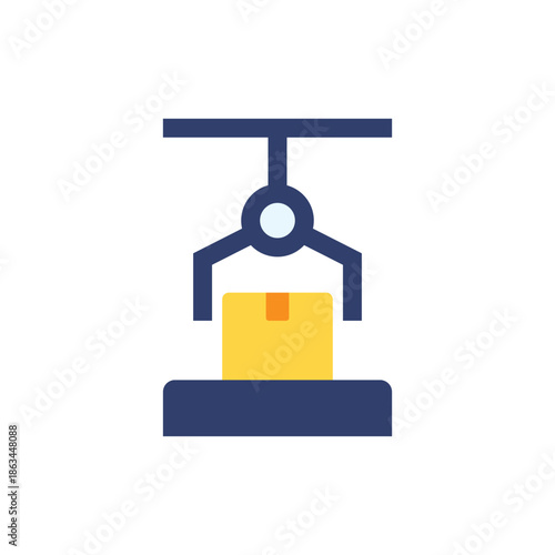 A robotic arm is shown lifting a package onto a platform in a warehouse setting, illustrating the use of automation and technology in industrial and logistics operations to improve efficiency and prod