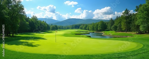 Rolling green golf course with manicured turf, trees, water hazards, and mountains in background. Sunny day with blue sky and fluffy clouds.