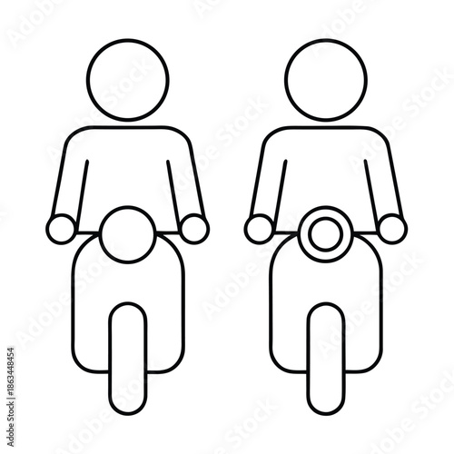Simple black outline icon showing two stick figure persons riding separate motor scooters or mopeds side by side illustrating urban mobility options or transportation service concept