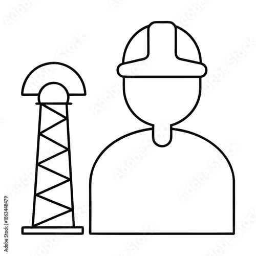 Outline icon of a construction worker or engineer standing next to a radio transmission or communication tower representing industry infrastructure or telecommunication maintenance work