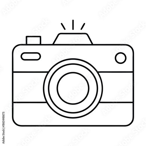 Simple black and white outline icon representing a vintage rangefinder style camera with a central lens and flash symbol indicating an active photographic capture moment design element