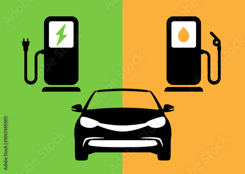 EV Environment friendly electric car vs conventional internal combustion engine automobile graphic. Editable Vector illustration EPS 10.