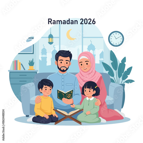 Muslim Family Reading Quran Together During Ramadan 2026 Celebration