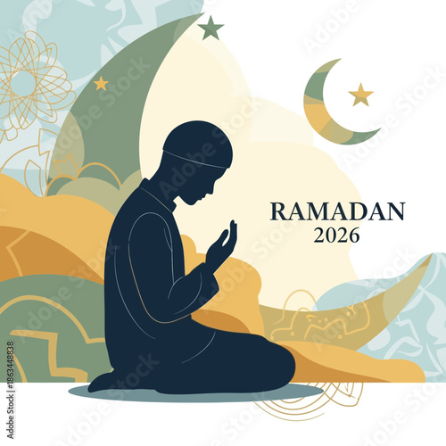 Muslim Man Praying During Ramadan 2026, Crescent Moon and Stars Background
