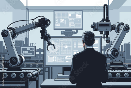 Man Overseeing Robotic Assembly Line and Digital Screens in a Modern Factory