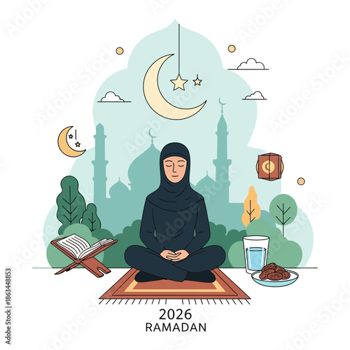 Muslim Woman Meditating in Ramadan, Mosque and Crescent Moon Background