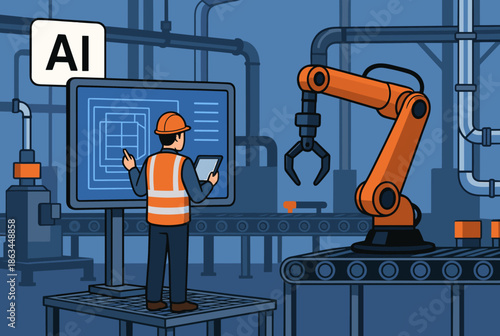 Engineer Using Ai and Tablet to Monitor Robotic Arm in Factory