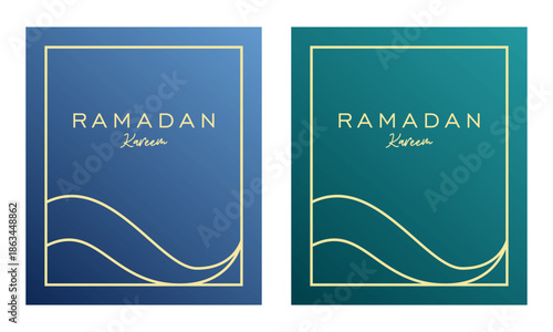 Ramadan poster design template with elegant golden waves on blue and green backgrounds