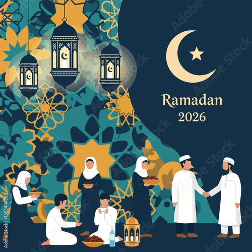 Ramadan 2026 Celebration: Family Gathering, Iftar Meal, Lanterns, Islamic Crescent Moon