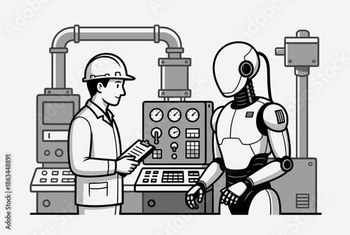 Human Engineer Supervising Robot and Machines in Industrial Setting