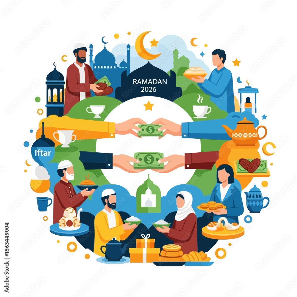 Naklejka premium Ramadan Iftar Charity and Community Gathering with Islamic Symbols