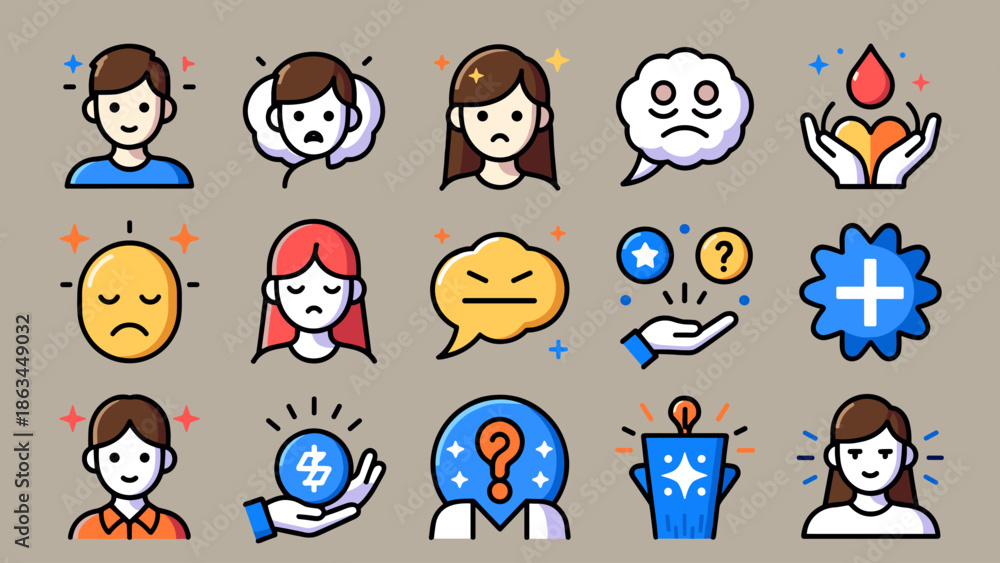 Obraz premium Flat Design Icons Representing Emotions, Money, and Ideas