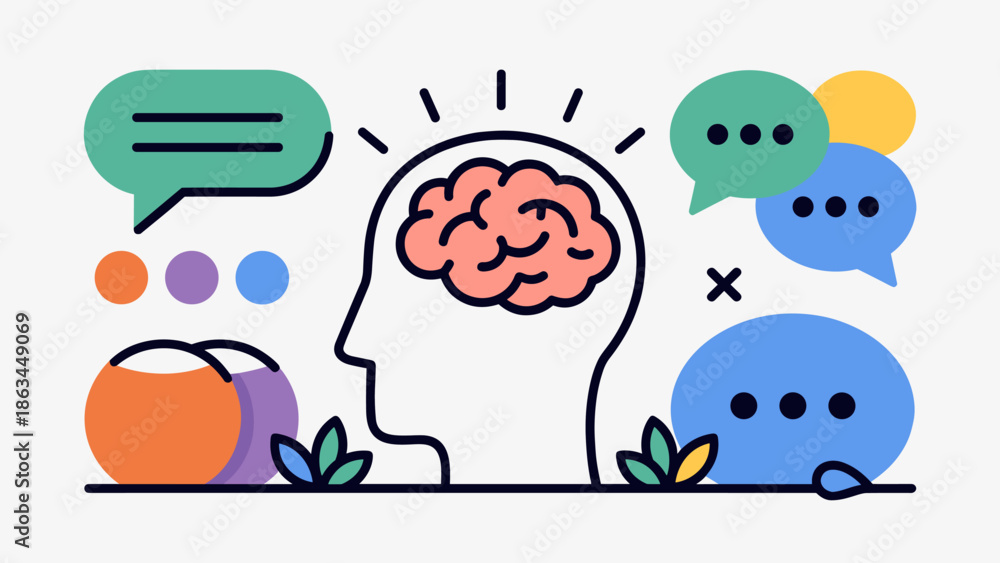 Fototapeta premium Conceptual Illustration of a Human Head with a Brain, Surrounded by Communication Symbols