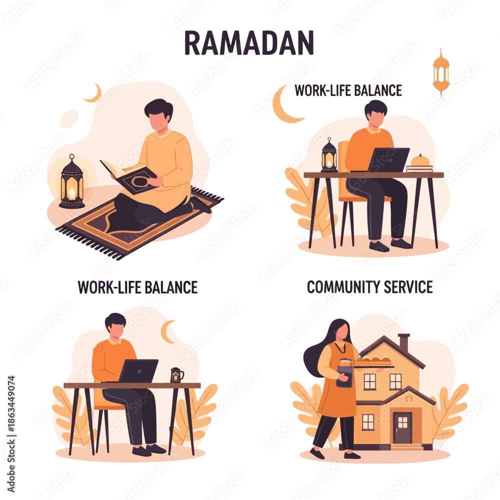 Fototapeta premium Ramadan Work-Life Balance & Community Service Illustration
