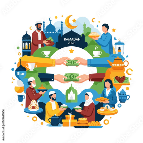 Ramadan Iftar Charity and Community Gathering with Islamic Symbols
