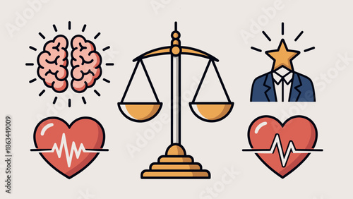 Flat Design Icons Symbolizing Wisdom, Empathy, Justice and Achievement