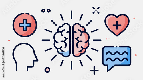 Mental Health and Well being Concept with Brain, Heart, and Therapy Icons