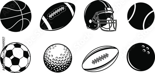 Collection of black and white sports icons featuring basketball soccer ball football rugby golf bowling and american football helmet