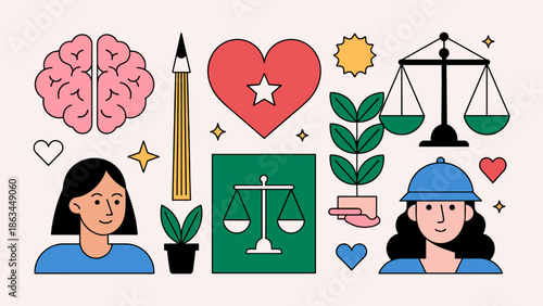 Diverse Symbols Representing Knowledge, Empathy, Law, and Growth