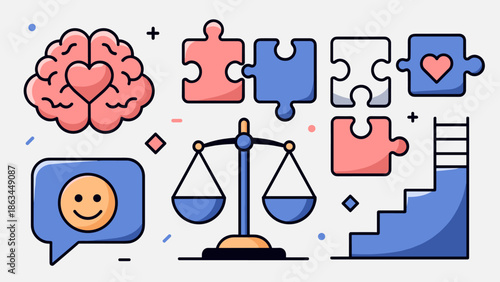 Mental Health and Well being Concept with Brain, Heart, Puzzles, Scales, and Stairs
