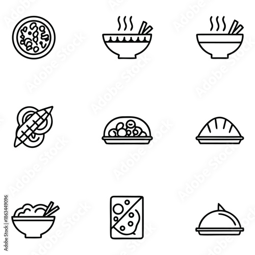 Collection of nine simple black outline icons representing various Asian and international food dishes including noodles soup pizza dumplings and covered plates for menu design or restaurant apps