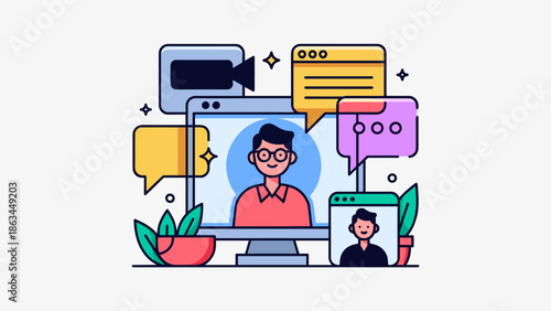 Man Hosting a Virtual Video Conference Meeting on a Desktop Computer