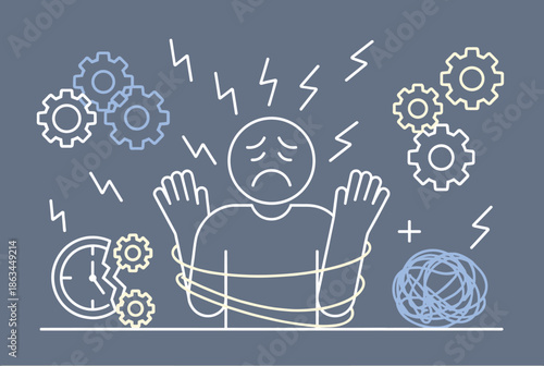 Line Art Illustration of Person Overwhelmed by Stress and Anxiety