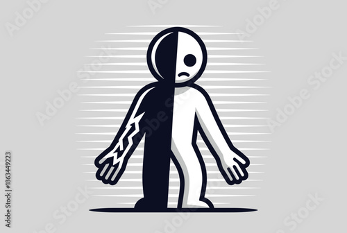 Black and White Split Figure Depicting Duality and Mental Struggle