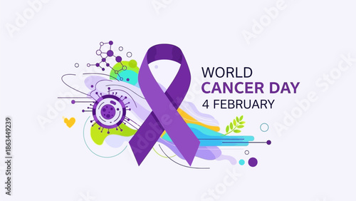 World cancer awareness day banner design concept. Purple ribbon on world map for February 4th stop cancer campaign symbol. Attention to healthcare background. Vector eps print