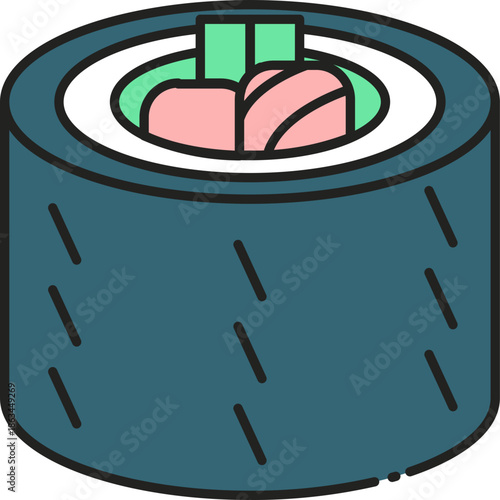 Stylized illustration of a delicious Japanese sushi roll icon, perfect for menus, food blogs, or culinary designs that require a vibrant, clean graphic element