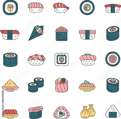 A vibrant collection of traditional Japanese sushi and sashimi icons in a modern flat design style, perfect for food-related projects and digital interfaces