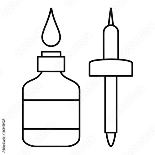 Outline icon representing a medicine or serum dropper bottle with a dispensed drop floating above the opening next to the separated pipette tool for precise liquid measurement and application